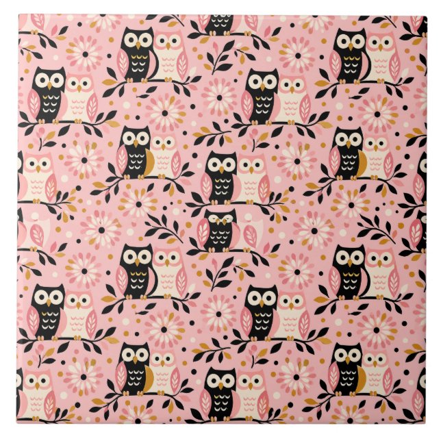 Owl Pattern Design - Illustrative, Whimsical, Natu Ceramic Tile (Front)