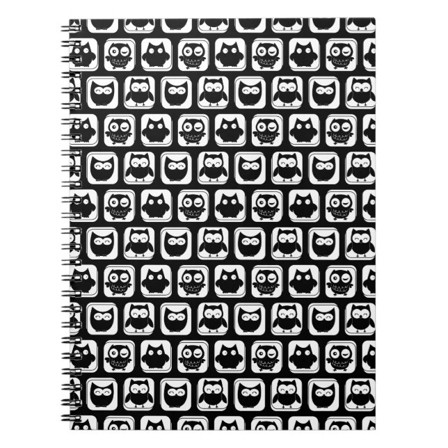 Owl Pattern in Black and White Notebook (Front)