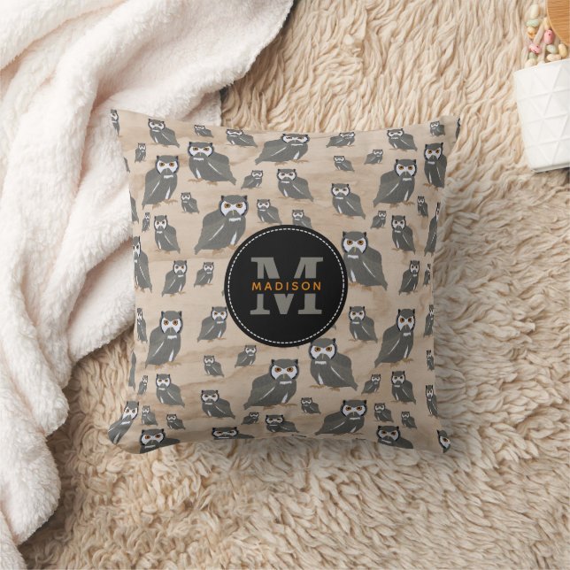 Owl Pattern & Rustic Wood Monogram  Cushion (Blanket)