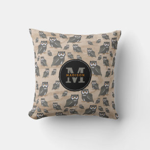 Owl Pattern & Rustic Wood Monogram  Cushion
