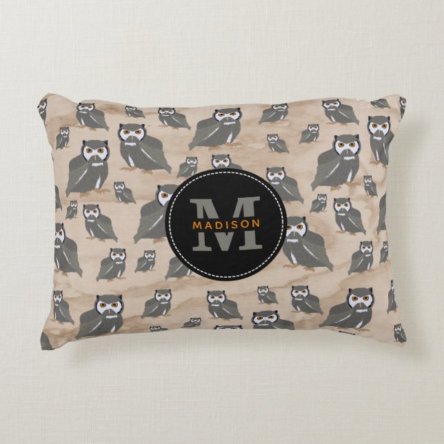 Owl Pattern & Rustic Wood Monogram Decorative Cushion (Front)