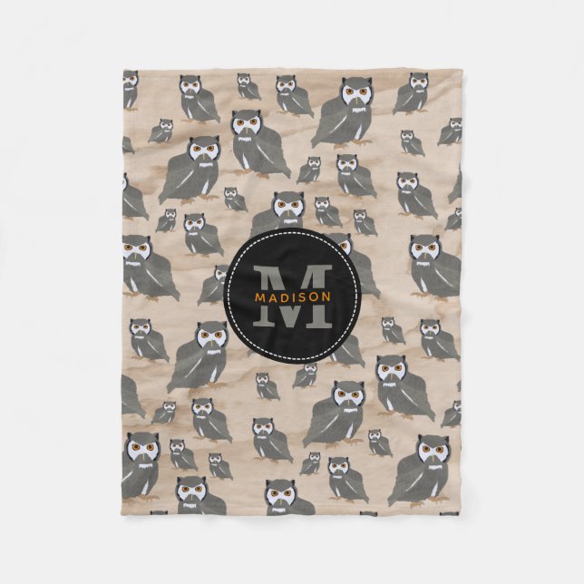 Owl Pattern & Rustic Wood Monogram Fleece Blanket (Front)