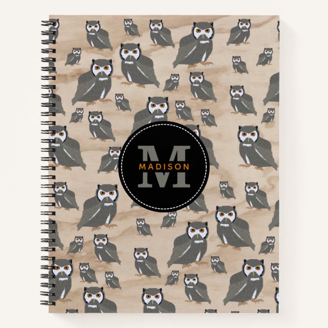 Owl Pattern & Rustic Wood Monogram Notebook (Front)