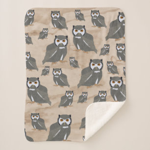 Owl Pattern & Rustic Wood Sherpa Blanket