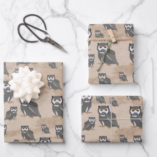 Owl Pattern & Rustic Wood Wrapping Paper Sheet