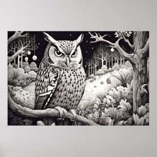 Owl Peaceful Nature Prairie Sketch Drawing Style Poster