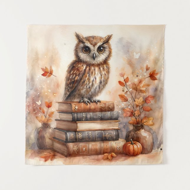 Owl Perched on Stack of Books Autumn Tapestry (Front)