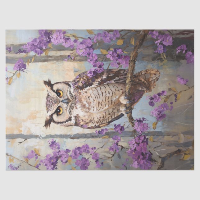 Owl Perched Purple Flowers Painting Decoupage Tissue Paper (Front)
