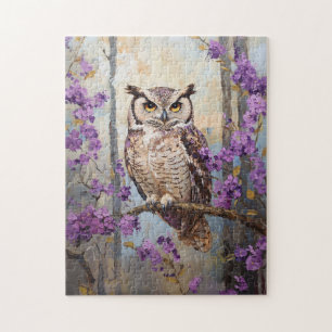 Owl Perched Purple Flowers Painting Jigsaw Puzzle