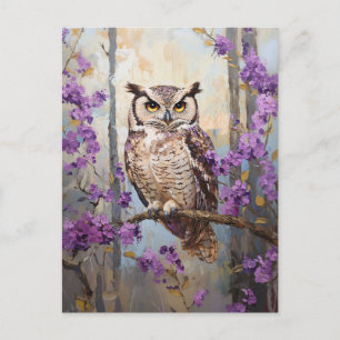Owl Perched Purple Flowers Painting Postcard