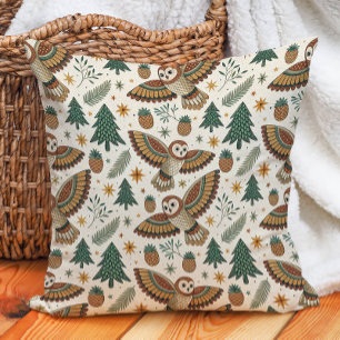 Owl Pine Trees Cones Stars  Nature Warm  Cushion