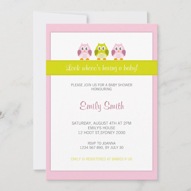 Owl Pink and Green Baby Shower Invitation (Front)