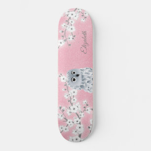 Owl Pink Glitter Cherry Blossoms Monogram Skate Skateboard