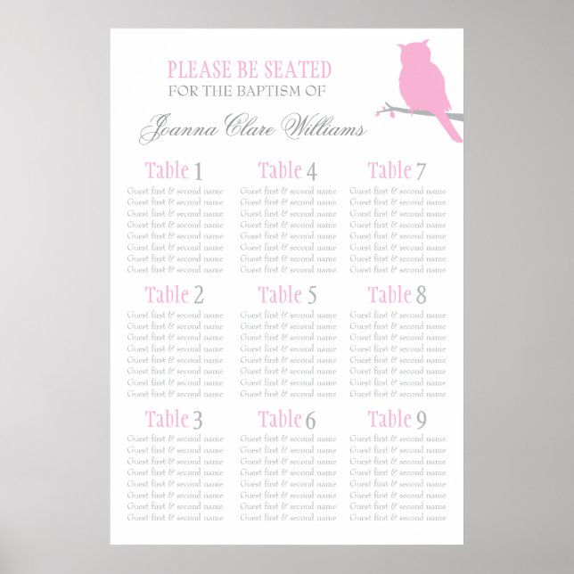 Owl pink grey event seating table plan 1-9 poster (Front)
