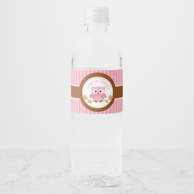 Owl (Pink) Personalised 1st Birthday / Baby Shower Water Bottle Label (Front)