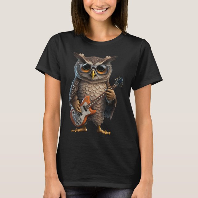 Owl Playing Electric Guitar  Animal Owl  Guitar T-Shirt (Front)