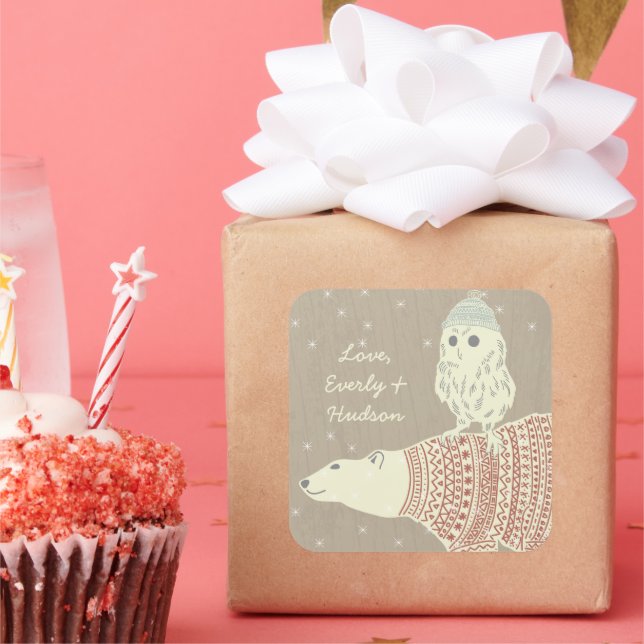 Owl Polar Bear Knitted Hats and Sweaters Stars Too Square Sticker (Party)