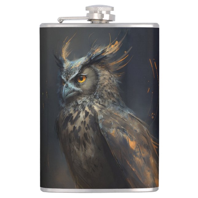 Owl Portrait Animal Nature Wildlife Dark Painting  Hip Flask (Front)