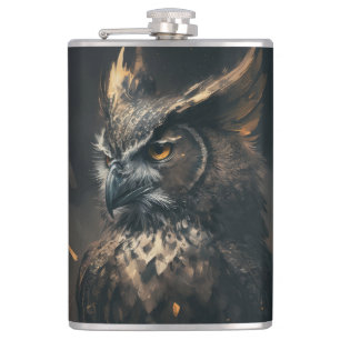 Owl Portrait Animal Nature Wildlife Dark Painting  Hip Flask