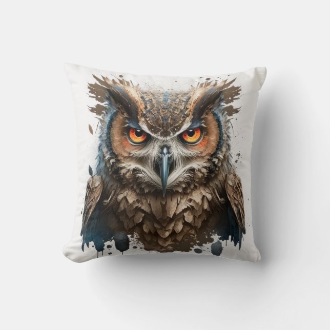 Owl Portrait Animal Painting Wildlife Outdoors Art Cushion (Front)
