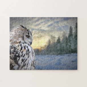 Owl portrait on winter forest background jigsaw puzzle
