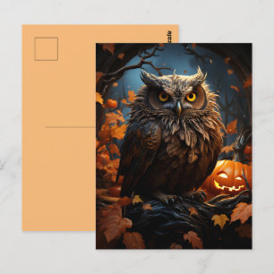 Owl, Pumpkin, and a Full Moon Halloween Postcard