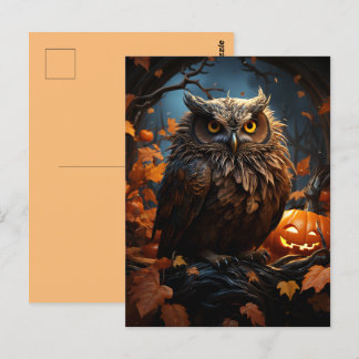 Owl, Pumpkin, and a Full Moon Halloween Postcard