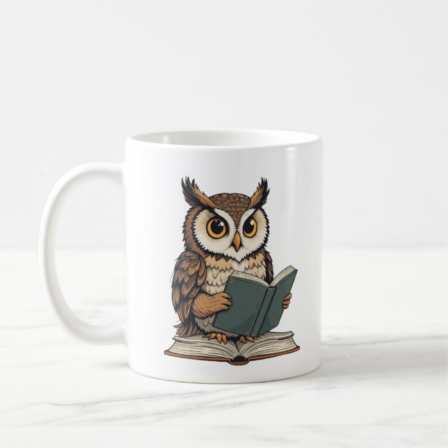 owl reading a book, illustrative design owl poster coffee mug (Left)