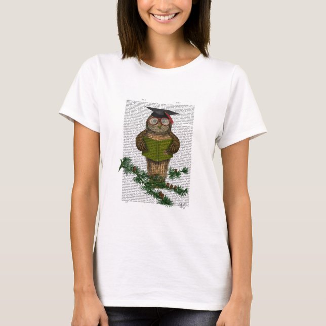 Owl Reading On Branch T-Shirt (Front)