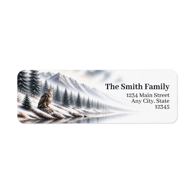Owl Return Address Labels | Winter Mountain Forest (Front)