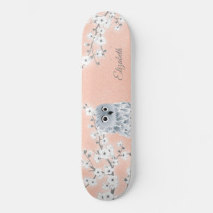Owl Rose Gold Glitter Cherry Blossoms Monogram   S Skateboard
