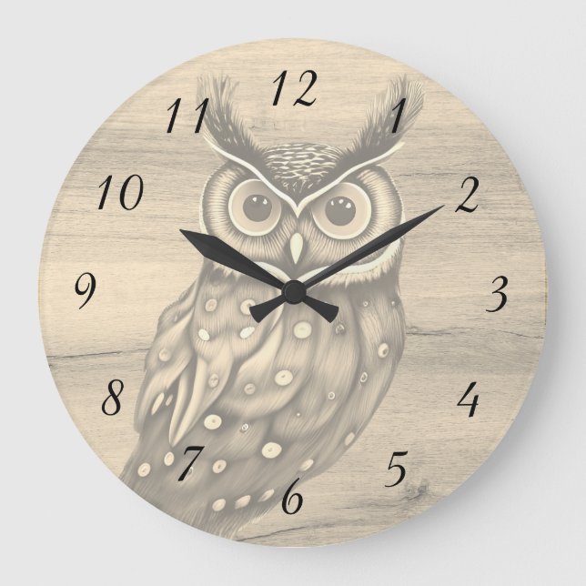 Owl Sepia Beige Wood Rustic Numbers Large Clock (Front)