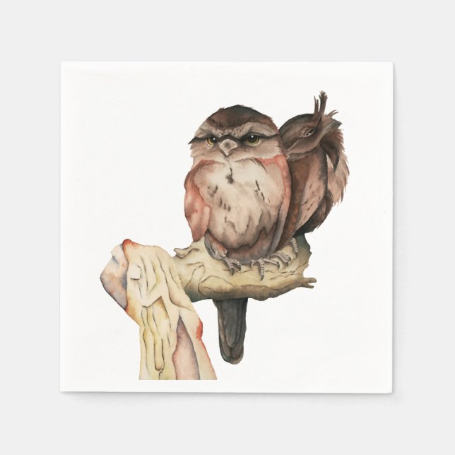 Owl Siblings Watercolor Portrait Napkin (Front)