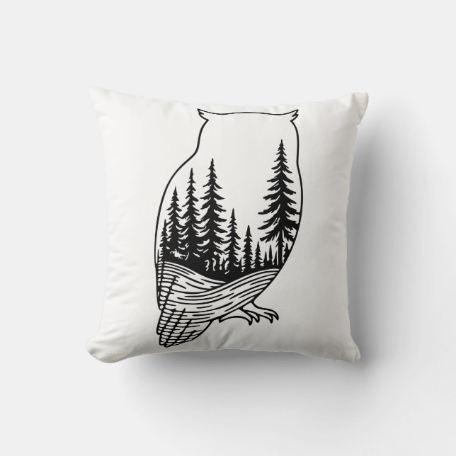 Owl Silhouette with Forest Scene Cushion (Front)