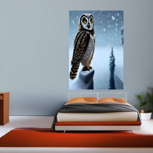 Owl sitting in the snowy mountain   AI Art  Poster