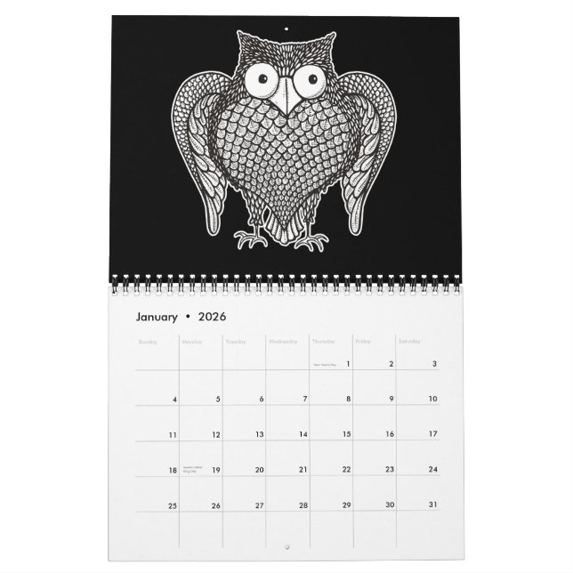 Owl Sketch Cartoon Calendar (Jan 2026)