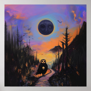Owl Skull Black Moon Witchy AI Art Matte Value Poster