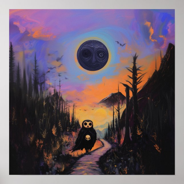 Owl Skull Black Moon Witchy AI Art Matte Value Poster (Front)