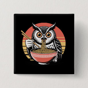 Owl Slurping Ramen Japanese Ukiyo-e Vintage Style 15 Cm Square Badge