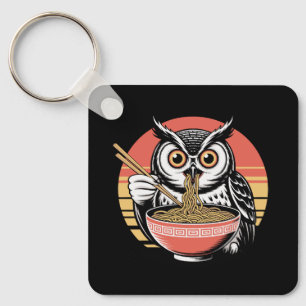 Owl Slurping Ramen Japanese Ukiyo-e Vintage Style Key Ring