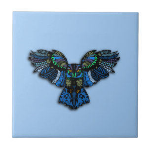 Owl Spreads Wings on Sky Blue Ceramic Tile