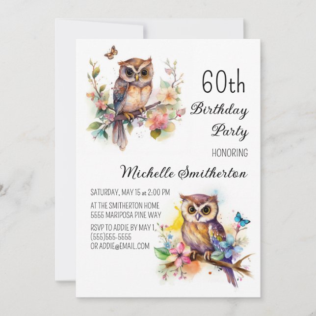 Owl Spring Flowers Butterflies 60th Birthday Invitation (Front)