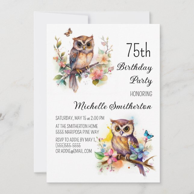 Owl Spring Flowers Butterflies 75th Birthday Invitation (Front)