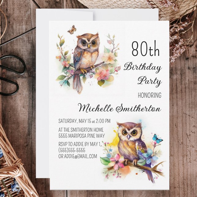 Owl Spring Flowers Butterflies 80th Birthday Invitation (Creator Uploaded)
