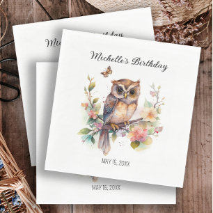 Owl Spring Flowers Butterflies Happy Birthday Name Napkin