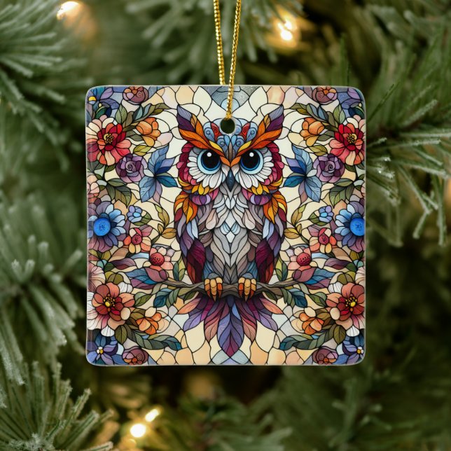 Owl Stained Glass Inspired  Ceramic Ornament (Tree)
