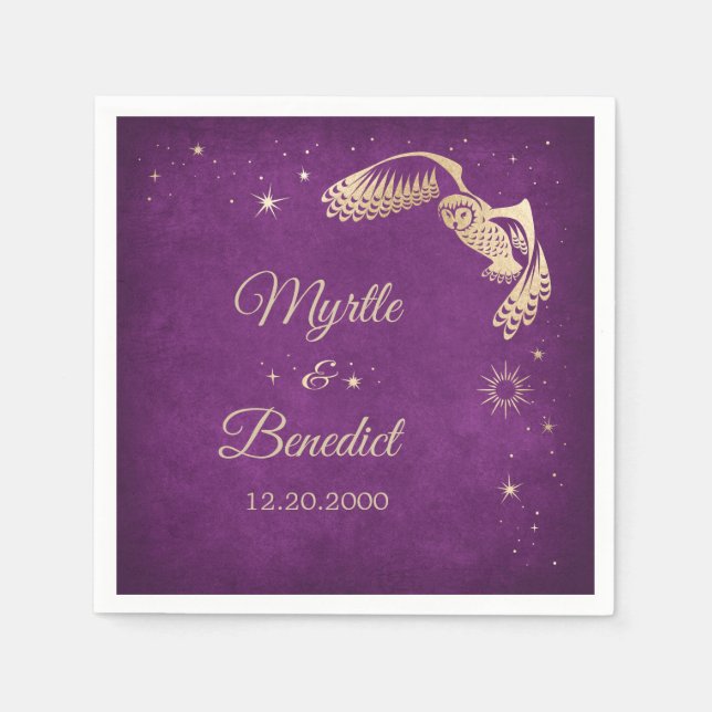 Owl Stars Wizard Purple Magic Wedding Napkin (Front)