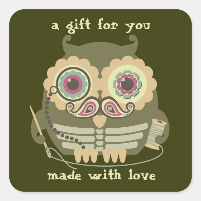 Owl steampunk skeleton moustache sewing needle square sticker (Front)