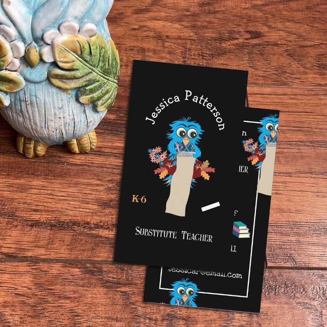 Owl Sub Teacher Black Vertical Business Cards (Blue owl substitute teacher double-sided vertical business cards .
)