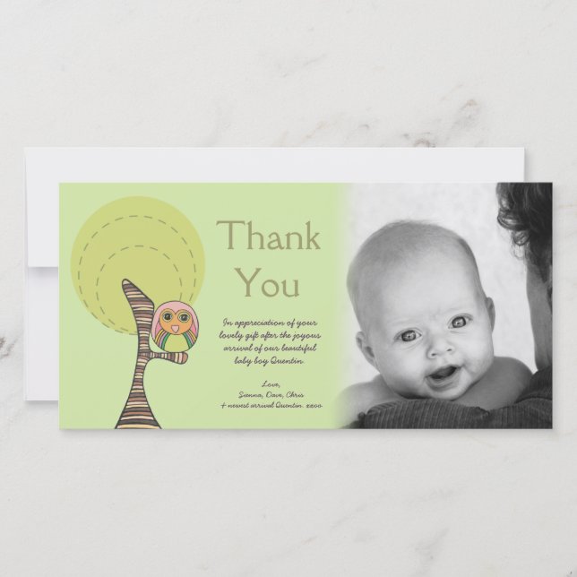 Owl Thank You New Baby Arrival Gift Photocard Card (Front)